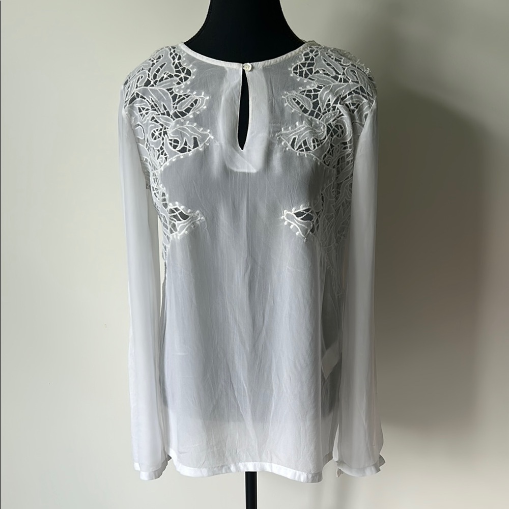 Pesto White Embellished Long Sleeve Blouse with Floral Detailing